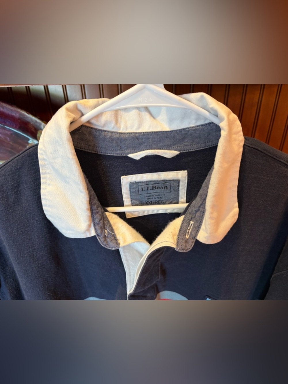 L.L. Bean Long Sleeve Rugby Polo in Navy, orange & grey. 2XL - Picture 5 of 6